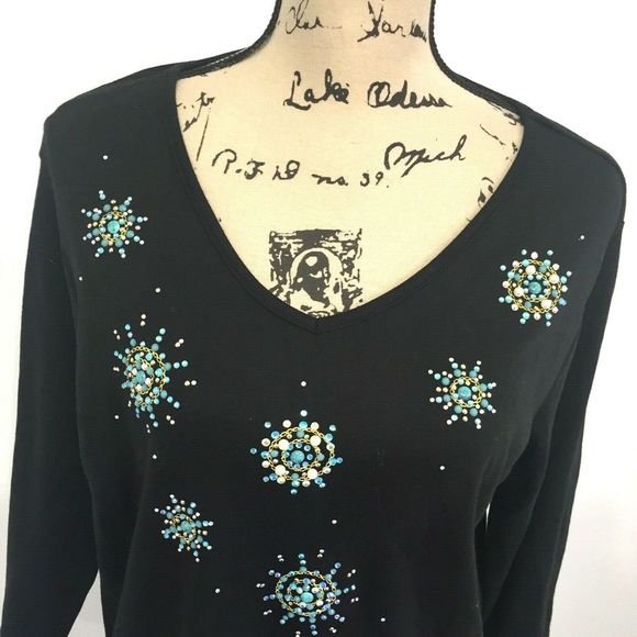 Quacker Factory L Large Shirt Black Beaded - Picture 2 of 7